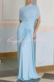 Elegant Mesh Cape-style Pleated Draped Maxi Dress