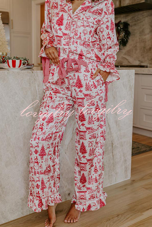 Christmas Night Satin Loose Shirt and Elastic Waist Pocketed Pajama Set