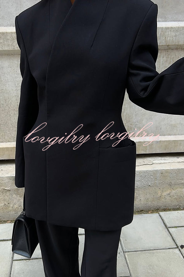Solid Color Lapel Long Sleeve Casual Pocket Long Blazer