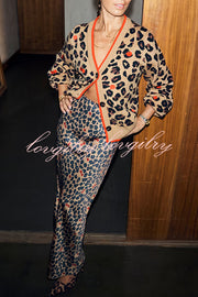 Perfect for Winter Leopard Cherry Print Satin Elastic Waist Draped Maxi Dress
