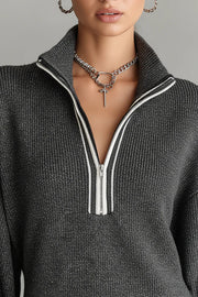 Fashionable Loose-fitting Long-sleeved Collared Zip-up Casual Knitted Mini Dress