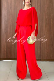 Vanie Chiffon Cape Batwing Sleeve Top and High Waist Pocket Wide Leg Pants Set