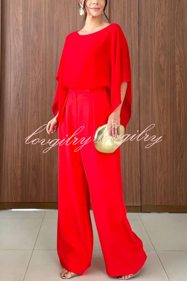 Vanie Chiffon Cape Batwing Sleeve Top and High Waist Pocket Wide Leg Pants Set