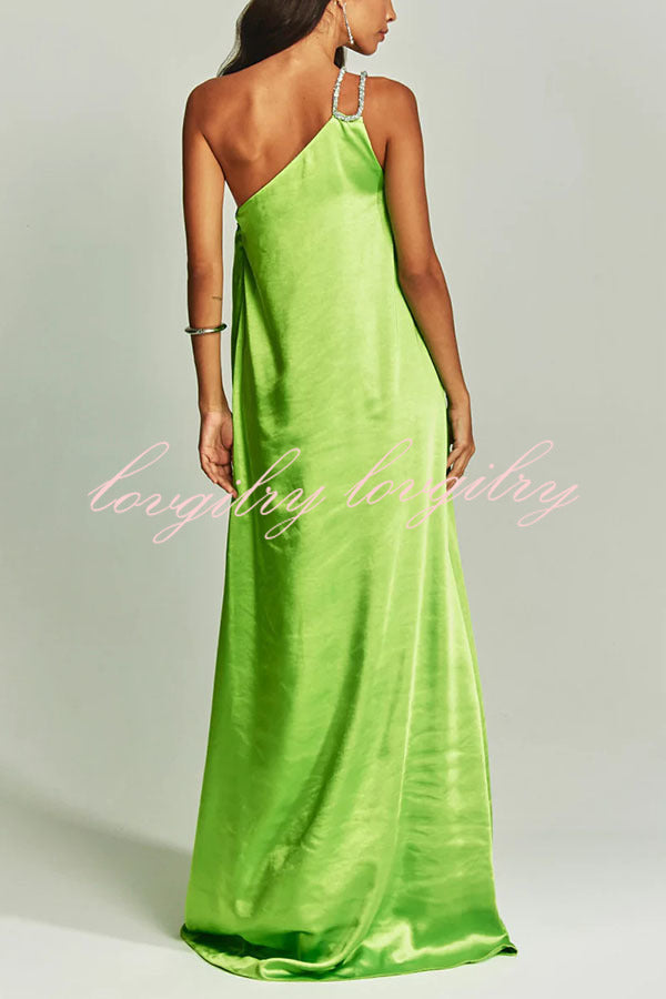 Charming Glance Satin Metal Hardware One Shoulder Loose Maxi Dress