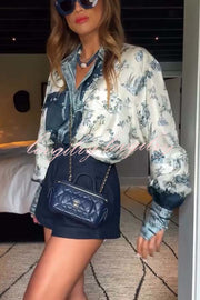 Bohemian Elegant Satin Contrast Color Unique Print Button Up Pocket Loose Blouse