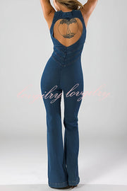 Fashionable Heart Hollow Back Slim High Waist Flared Denim Jumpsuit
