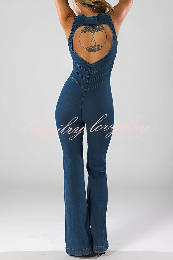 Fashionable Heart Hollow Back Slim High Waist Flared Denim Jumpsuit