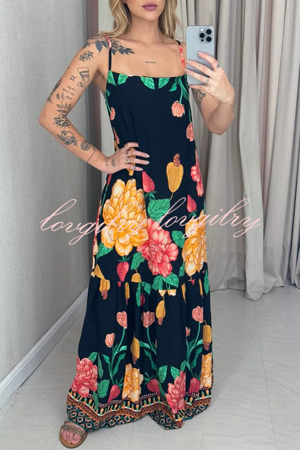 Floral Print Halter Back Loose Pocket Full Hem Maxi Dress