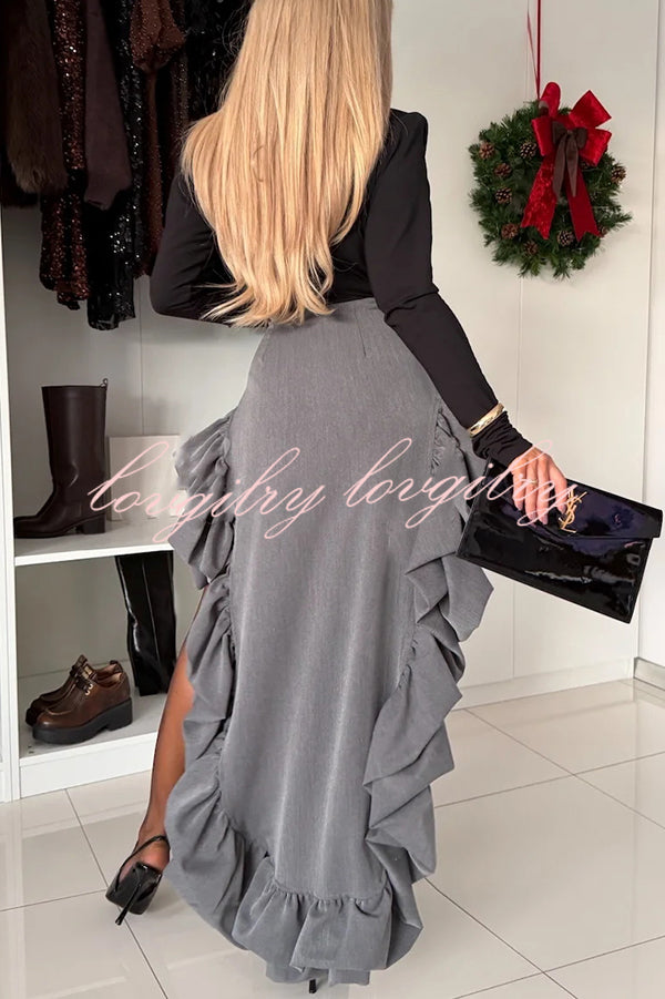 Toast To Midnight Solid Color High Rise Irregular Ruffled High Low Maxi Skirt
