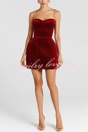 Harley Luxurious Velvet Fabric Jewel-embellished Shoulder Straps Pocket Tulip Mini Dress