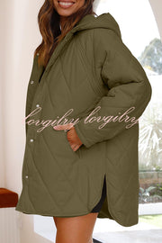 Diamond Quilted Button Pocket Hooded Long Sleeve Coat