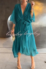 Solid Color V-neck Bat Sleeve Lace-up Irregular Hem Midi Dress