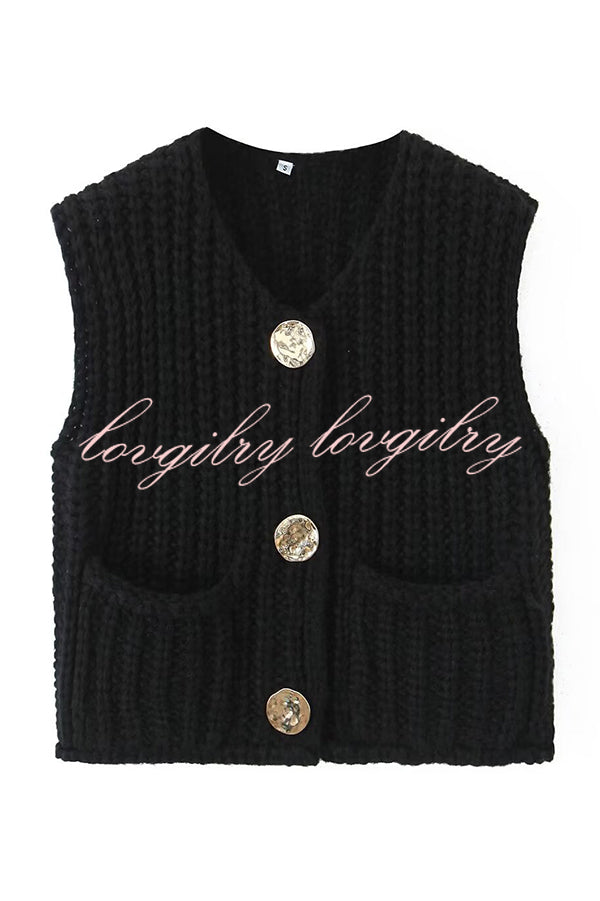 Solid Color Sleeveless Pocket Knitted Vest