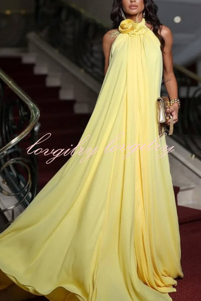 Sunny Horizon Chiffon Flower Feather Pendant Halter Backless Maxi Dress