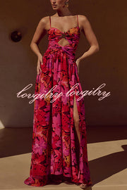 Resort Style Printed Starfish Brooch Cutout Ruched Slit Maxi Dress