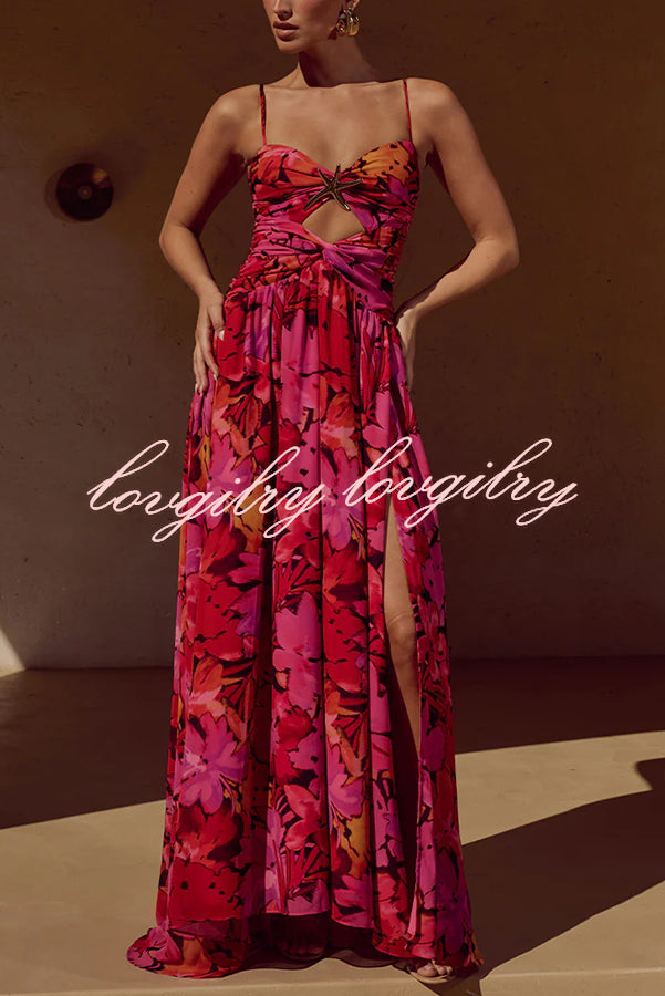 Resort Style Printed Starfish Brooch Cutout Ruched Slit Maxi Dress