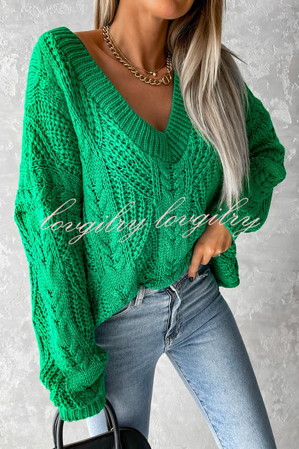 Olivier Hollow Twisted Cord V Neck Long Sleeved Sweater