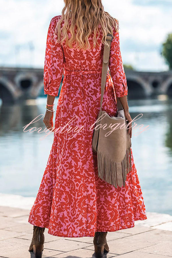 Lapel Slit Floral Print Lace Up Button Maxi Dress