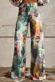 Beautiful Unique Print Button Pocket Wide Leg Pants