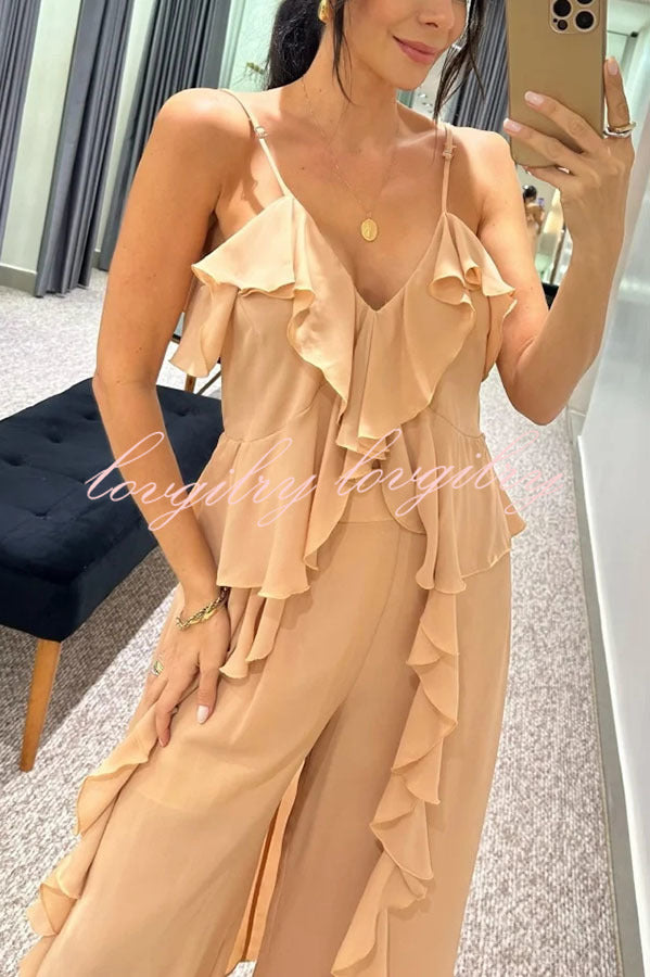 Agnes Chiffon Ruffle Front Slit Midi Slip Top and Elastic Waist Pocket Loose Pants Set