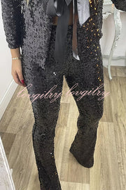 Holiday Cheer Sequin High Rise Elastic Waist Flared Stretch Pants