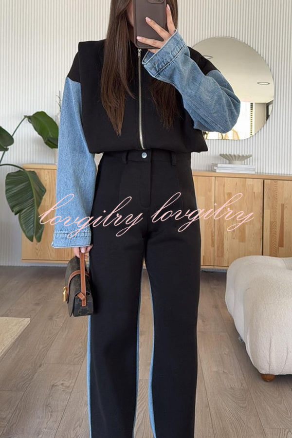 Sports Fashion Denim Patchwork Sweatshirt Fabric High Rise Pocket Loose Pants