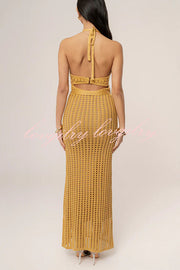 Ocean Dream Crochet Knit Golden Decoration Halter Stretch Maxi Dress