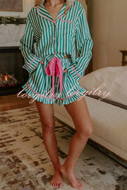 Merry and Bright Satin Striped Color-block Trim Loose Shirt and Elastic Waist Pocket Pajama Set