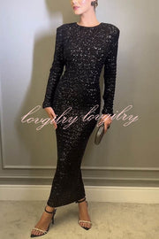 Looking To Party Sequin Padded Shoulder Backless Bow Design Maxi Dress