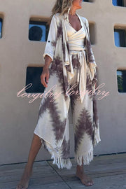 Katy Linen Blend Tie-dye Wrap Tie-up Tassel Trim Pants