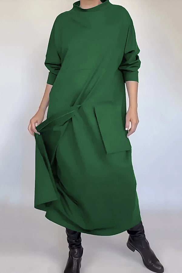 Solid Color Loose Long Sleeve Large Pocket Casual Maxi Dress