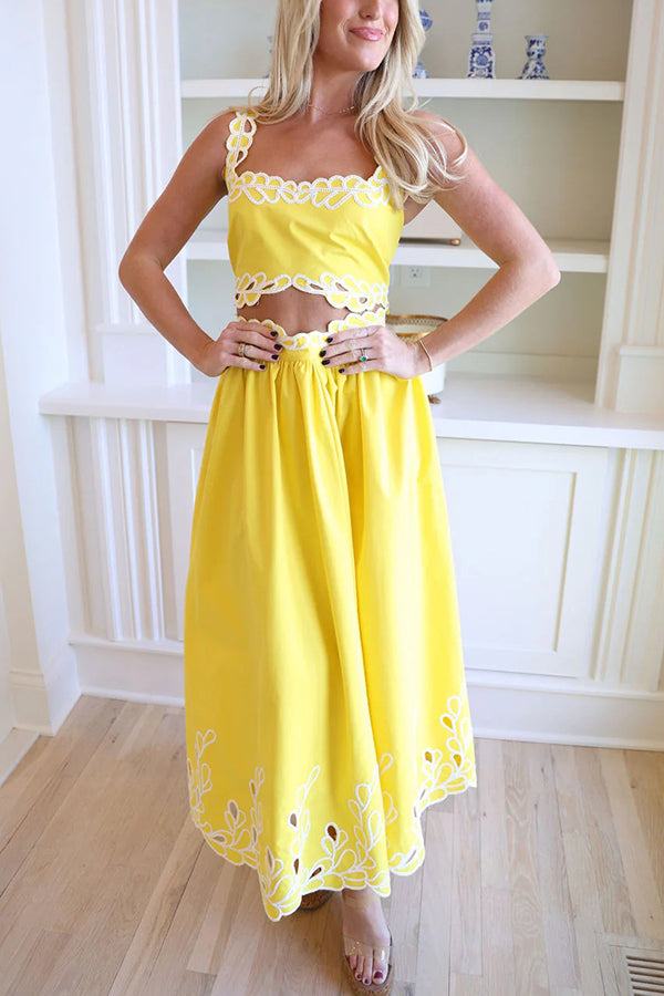 Perfect Vacation Embroidered Trim Crop Tank and Elastic Waist A-line Maxi Skirt Set