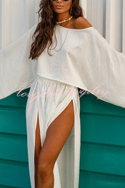 Seaside Leisure Linen Blend Solid Color Elastic Waist High Slit Maxi Skirt