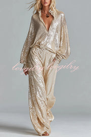 Glamorous Day Sequin Half Zip Loose Shirt and Elastic Waist Pocket Wide Leg Pants Set
