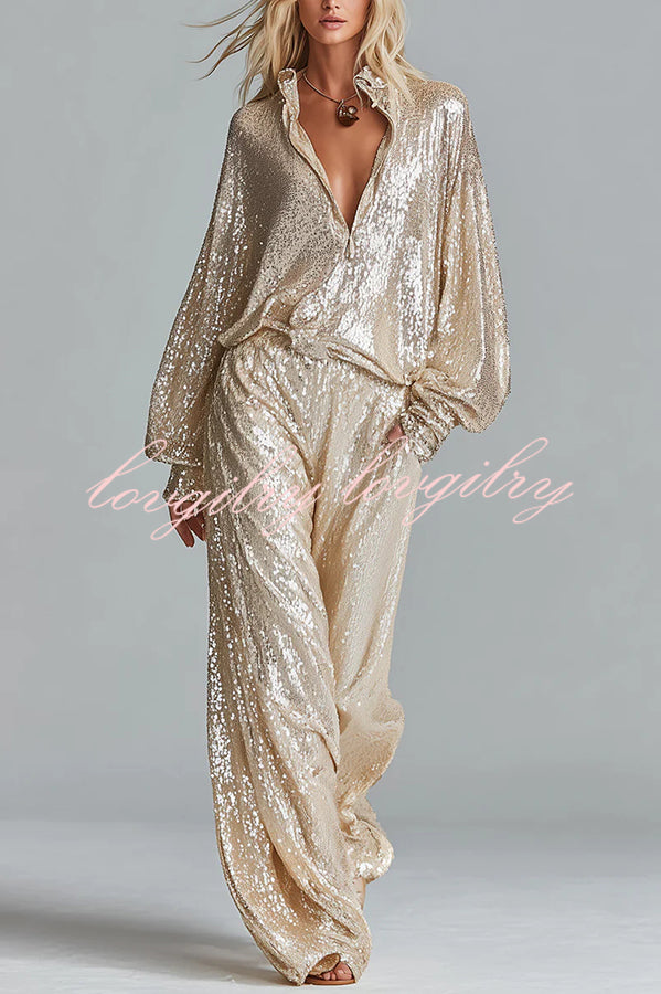 Glamorous Day Sequin Half Zip Loose Shirt and Elastic Waist Pocket Wide Leg Pants Set