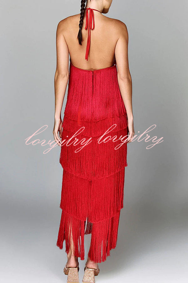 Sexy Halterneck Backless Elegant Fringe Maxi Dress