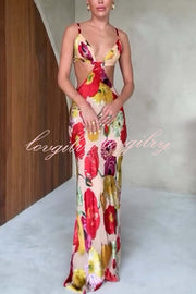 Hawaiian Dreams Satin Floral Print Cutout Backless Maxi Dress