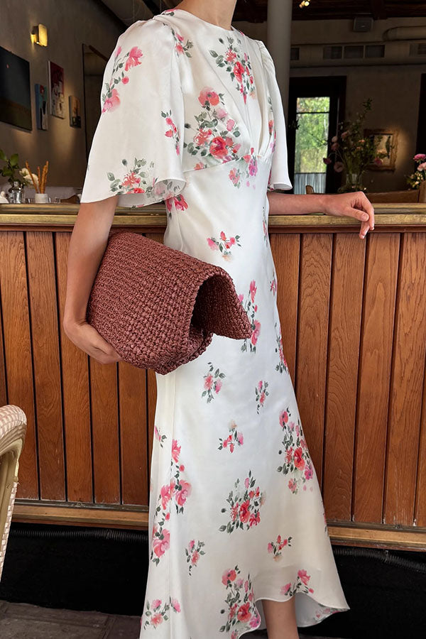City Life Satin Floral Print Bell Sleeve Fitted Silhouette Maxi Dress