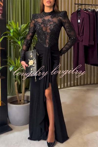 Fenna Sheer Floral Sequin Shoulder Pads Long Sleeve Drape Slit Maxi Dress