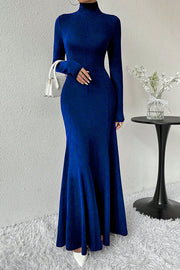 Solid Color High-neck Long-sleeved Slim-fit Fishtail Elegant Maxi Dress