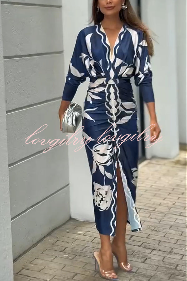 Caliana Unique Print Dolman Long Sleeve Ruched Slit Midi Dress