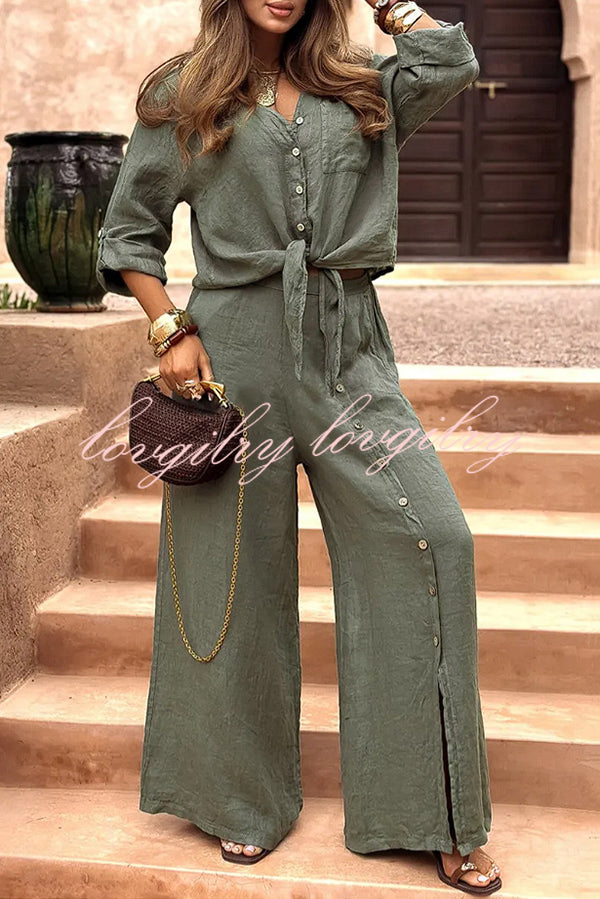 Solid Color Lapel Casual Button-down Shirt and Loose Pocket Slit Wide-leg Pants Set