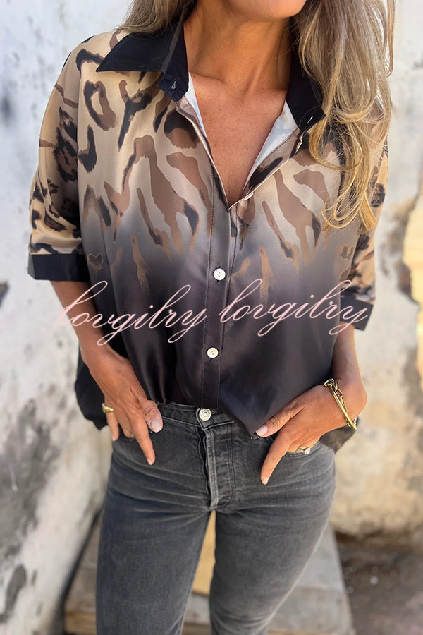 Classic Wild Satin Gradient Leopard Print Loose Short-sleeved Blouse