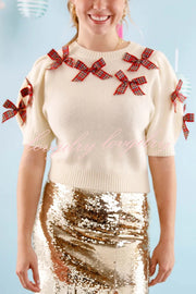 Fashion Bow Decorated Round Neck Short Sleeve Knitted Sweater