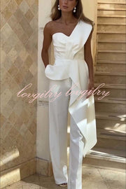 Amena One Shoulder Sweetheart Neck Ruffle Hem Top and Elastic Waist Pocket Wide Leg Pants Set