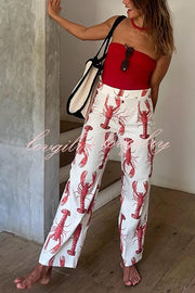 Fun Vacation Lobster Print High Rise Straight Pants