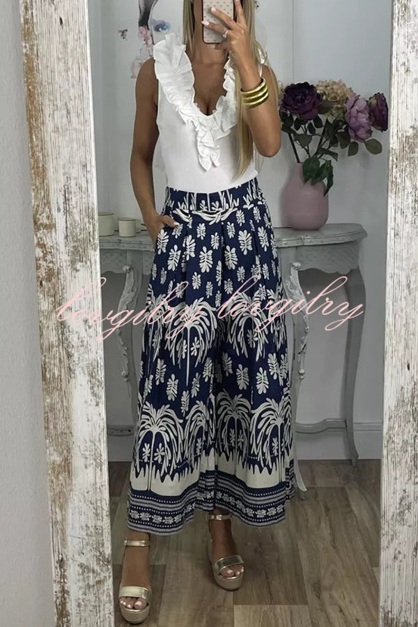 Unique Print Elastic Waist Loose Pocket Holiday Wide Leg Pants