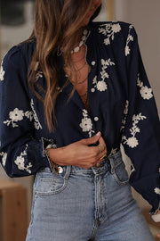 Floral Embroidery Long-Sleeved Button-Up Elegant Shirt