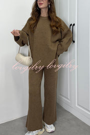 Solid Color Loose Long-sleeved Knit Top and Elastic Waist Casual Straight Leg Pants Set