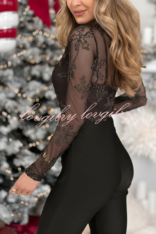 Must-have for Date Mesh Embroidery High Neck Long Sleeve Stretch Top